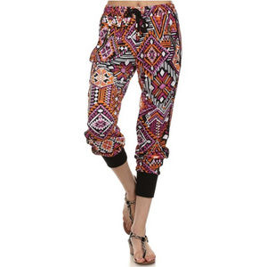 YELETE Hot Pink Tribal Print Women's Capri Joggers. W/Pockets & Elastic Waist.